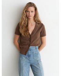 Reiss - Anya - Taupe Neutral V-neck Short-sleeve Cardigan Cotton-wool, L (us 12-14) - Lyst