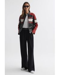 Reiss - Rae - Black/red Leather Collarless Zip-through Jacket - Lyst