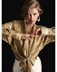 ATELIER - Metallic Plissé Tie-Front Shirt - Lyst
