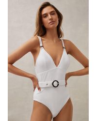 Reiss - Alora - White Textured Belted Swimsuit - Lyst