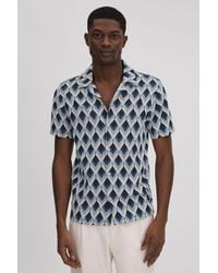Reiss - Beech - Navy Multi Cotton Blend Jacquard Cuban Collar Shirt, Xxl - Lyst