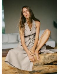 Reiss - Tara Neutral Linen Tie-Waist Tailored Midi Dress - Lyst