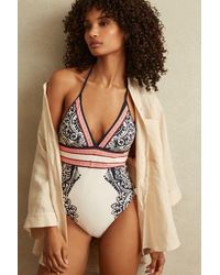 Reiss - Monica - Navy/red Printed Tie Back Swimsuit, Us 10 - Lyst