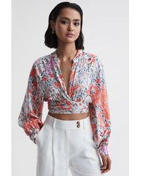 Reiss - Elle - Coral/white Floral Print Tie Front Cropped Blouse, Us 14 - Lyst