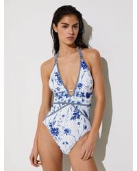 Reiss - Floral-Print Plunge Halterneck Swimsuit - Lyst
