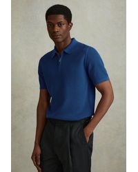 Reiss - Burnham - Bright Blue Cotton Blend Textured Half Zip Polo Shirt, L - Lyst