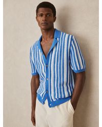 Reiss - Carrington - Blue Multi Cotton Crochet Stripe Cuban Shirt, Xs - Lyst