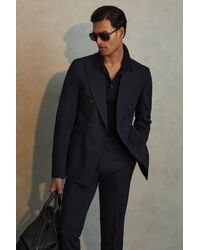 Reiss - Seare - Navy Double Breasted Cotton Blend Blazer - Lyst