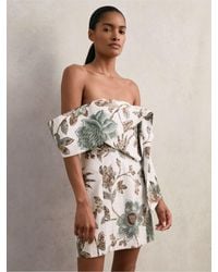 Reiss - Sculpted Off-Shoulder Floral Mini Dress Linen-Cotton - Lyst