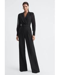 Reiss - Flora - Black Petite Sheer Belted Double Breasted Jumpsuit - Lyst