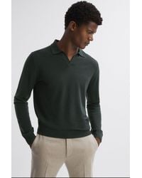 Reiss - Milburn - Forest Merino Wool Open Collar Polo Shirt - Lyst