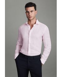 Reiss - Ruban - Soft Pink Fine Stripe Linen Button-through Shirt, Xl - Lyst