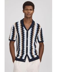 Reiss - Waves - Blue Multi Knitted Cuban Collar Shirt - Lyst