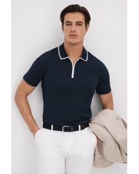 Reiss - Cannes - Navy Slim Fit Cotton Quarter Zip Shirt - Lyst