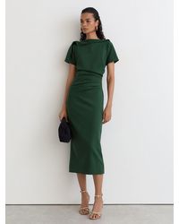 Reiss - Hilary - Teal Green Petite Ruched-detail Boat-neck Midi Dress, Us 12 - Lyst