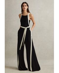 Reiss - Salma - Black/white Contrast Trim Belted Jumpsuit - Lyst