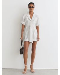 Reiss - Estella - Ivory/navy Linen Pinstripe Belted Playsuit, Us 12 - Lyst