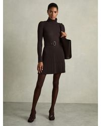 Reiss - Vinnie - Brown Roll-neck Ribbed Mini Dress, Large (us 12-14) - Lyst