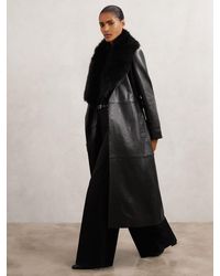 Reiss - Estee - Black Leather Trench Coat With Shearling Collar, Us 10 - Lyst