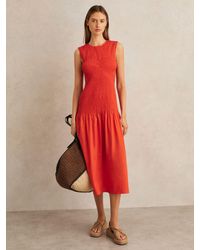 Reiss - Annabel - Red Petite Cotton Shirred Midi Dress, Us 6 - Lyst