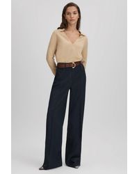 Reiss - Nellie - Stone Knitted Collared V-neck Top - Lyst