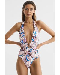 Reiss - Print - Multi Isabel Plunge Neck Abstract Print Swimsuit, Us 10 - Lyst
