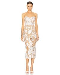 knee length dresses for ladies Blossom Saba Embroidered Blue Belted Multi Midi Dress