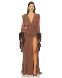 Bronx and Banco - Chiffon & Faux Fur Long Sleeve V-Neck Gown - Lyst
