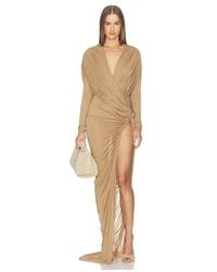 Atlein - ROBE LONGUE DRAPÉE MANCHES LONGUES À FENTE HAUTE en Tan - Lyst