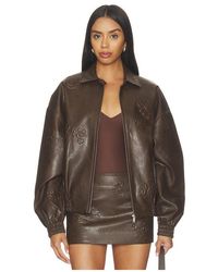 Markgong - Faux Leather Floral Imprinted Baseball Jacket - Lyst
