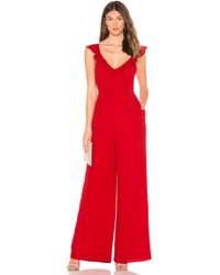 Line & Dot Poinsettia Ruffle Front Jumpsuit - Red