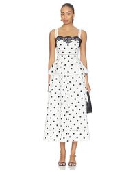 Self-Portrait Polka Dot Linen Midi Dress in Blue | Lyst