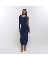 River Island - Blue Plisse Long Sleeve Bodycon Midi Dress - Lyst