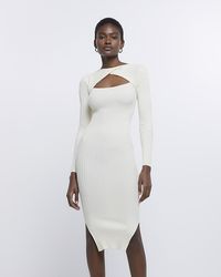 River Island - Cream Knit Cut Out Bodycon Midi Dress - Lyst