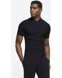 River Island - Black Muscle Fit Knitted Half Zip Polo - Lyst