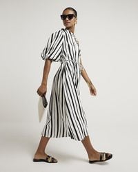 River Island - Black Linen Blend Stripe Shift Midi Dress - Lyst
