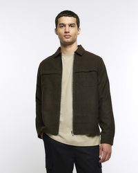 River Island - Khaki Regular Fit Zip Up Overshirt - Lyst