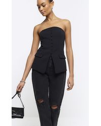 River Island - Black Buttoned Bandeau Top - Lyst