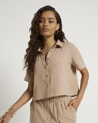 River Island - Petite Beige Textured Crop Shirt - Lyst