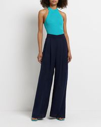 River Island Navy Wide Leg Pleated Trousers - Blue