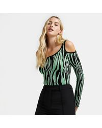 River Island Green Asymmetric Cold Shoulder Knitted Top