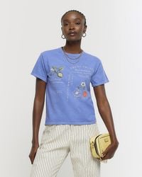 River Island - Washed Blue Floral Graphic T-shirt - Lyst
