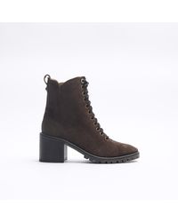 River Island - Brown Suede Lace Up Heeled Ankle Boots - Lyst
