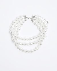 River Island - White Pearl Multirow Choker Necklace - Lyst