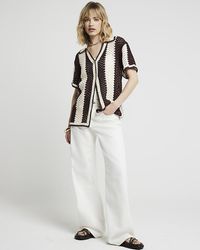 River Island - Brown Crochet Stripe Polo Shirt - Lyst