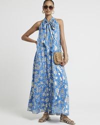 River Island - Blue Floral Glitter Shift Maxi Dress - Lyst