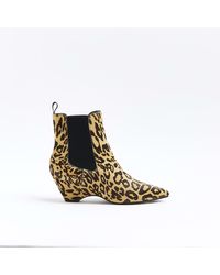 River Island - Brown Animal Print Leather Kitten Heel Boots - Lyst