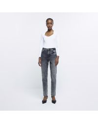 River Island - Grey High Waisted Faded Straight Leg Jeans - Lyst