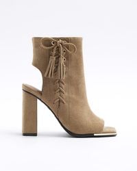 River Island - Beige Lace Up Peep Toe Heeled Ankle Boots - Lyst