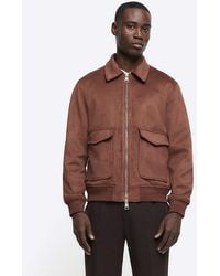 River Island - Brown Suedette Collared Bomber Jacket - Lyst